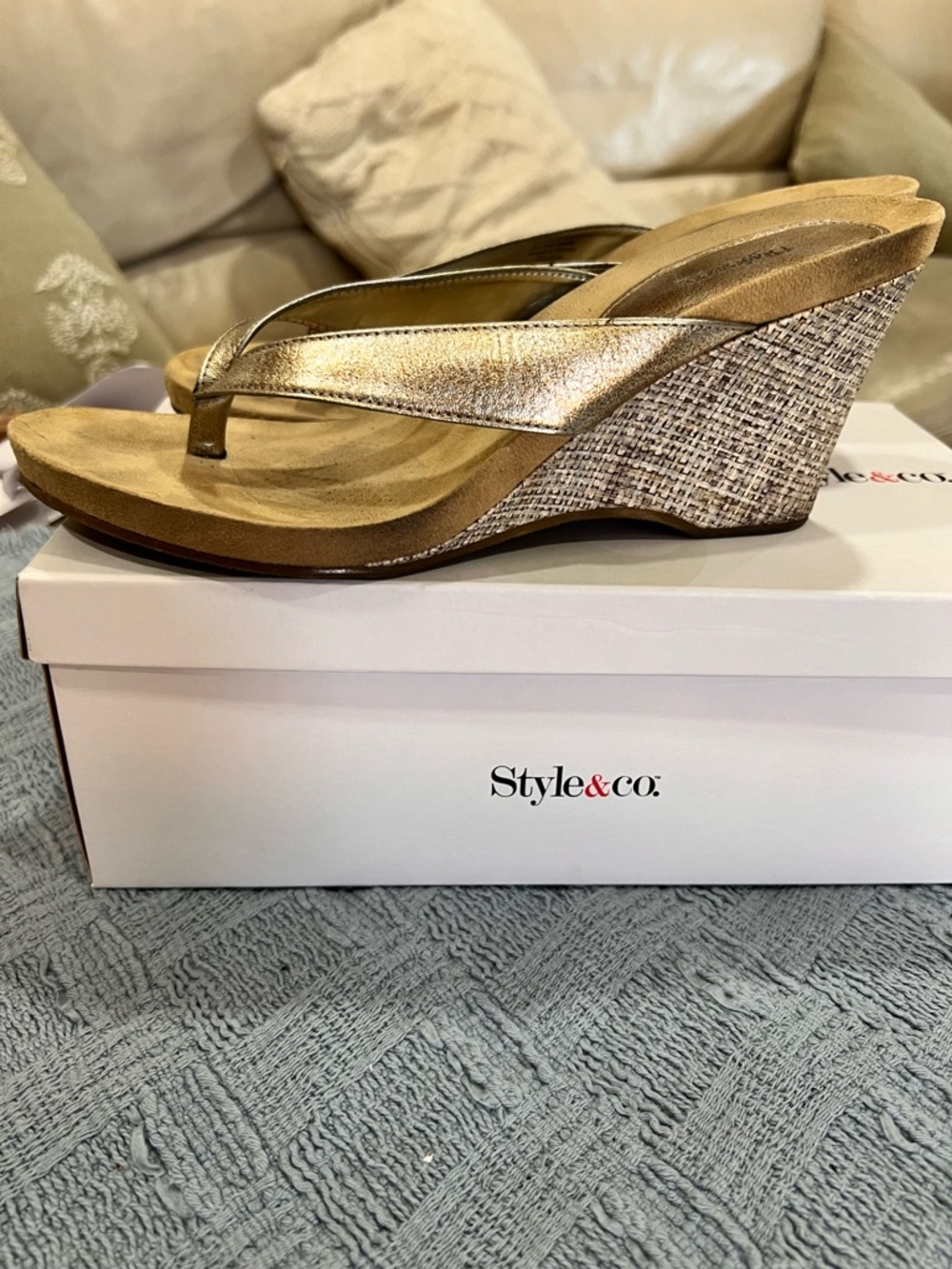 Style & Co. Metallic Gold Wedge Flip Flops